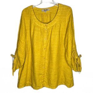 FLAX Womens Top Blouse Size Medium Mustard Ruched Sleeve Button Up Lagenlook C2
